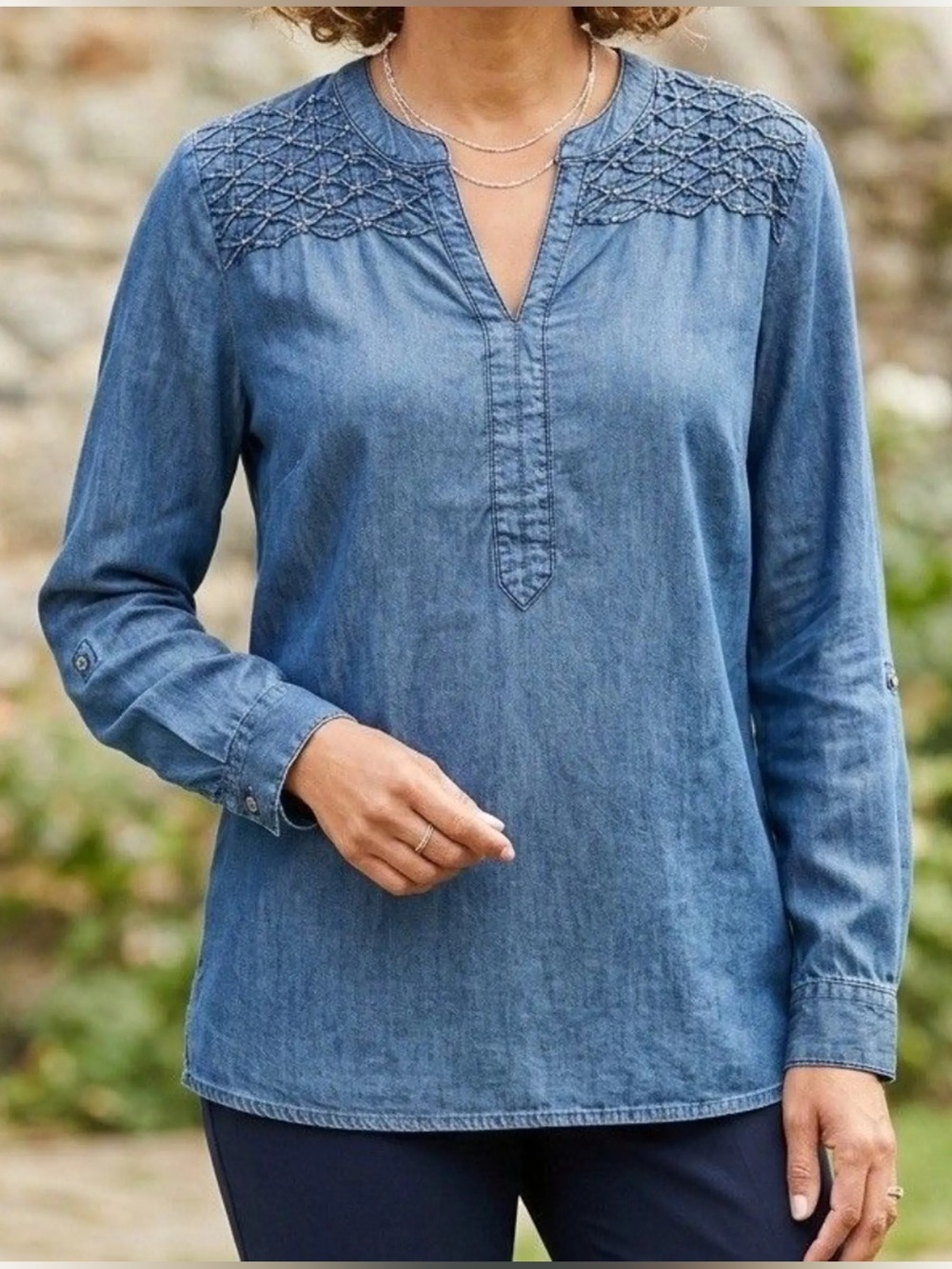 Bandolino Indigo SMOCKED AND BEADED Chambray Tunic Women size XL